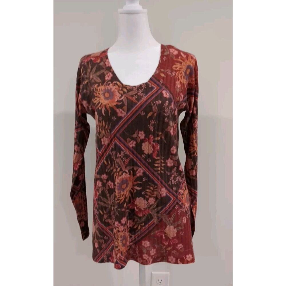 Soft Surroundings Womens Tunic Top Small Alisanna Brown Pink Floral Long Sleeve